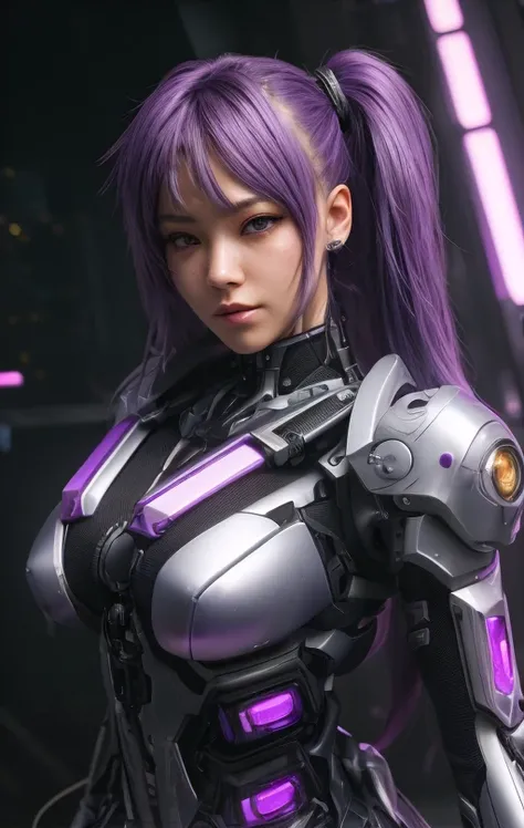 A close-up of a woman in a futuristic suit with purple hair, female cyberpunk anime girl, girl with mecha cybernetic armor, linda chica cyborg, cyberpunk anime girl mech, 3D 8k rendering character art, cyberpunk anime girl, cyberpunk anime digital art, per...