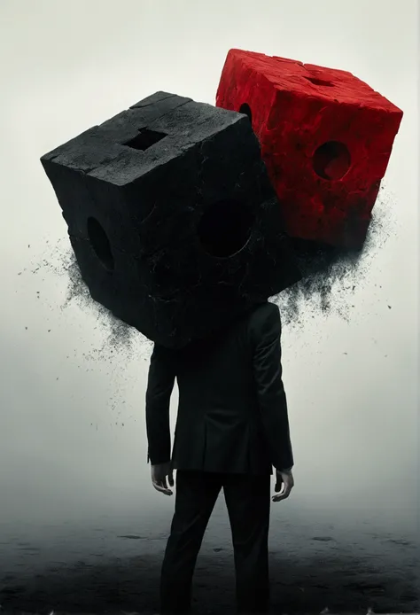 Faceless Man,(((Cube head)))，Cube Anthropomorphism，bend over，Tired， Alessio Albi, Abstract Surrealism, Faceless Man dark, Unsettling horror limbo, Mist，Black and red theme