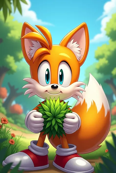 Miles tails holding a weed plant 