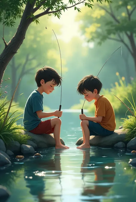 Two sleepy boy fishing, each has a fishing rod, they are on the edge of a stream.