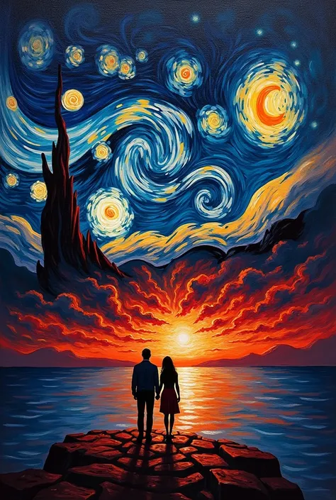 

"Create a painting in the style of Vincent van Goghs Starry Night. The sky is filled with swirling patterns and dynamic brushstrokes, but with clouds in black and red hues instead of the original blue and white. In the foreground, a calm ocean stretches ...