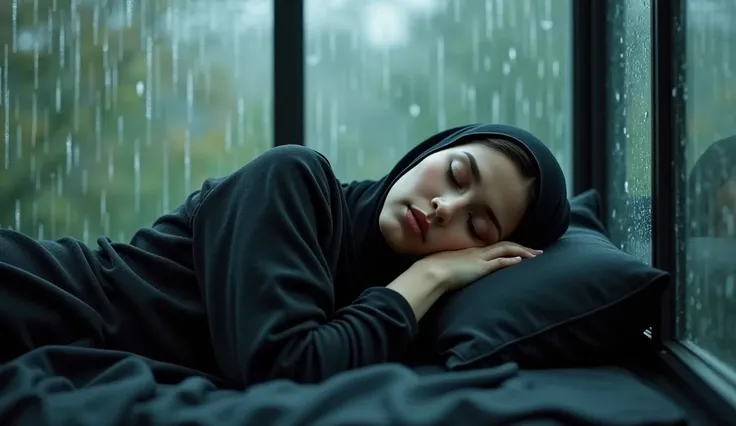 Beautiful woman sleeps, night rain in the glass room, black hijab woman sleeping rain glass window