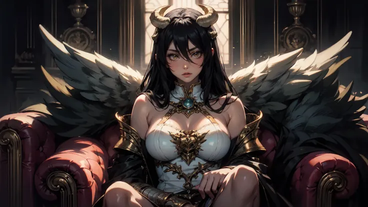 anime pastel art .albedo waifu aesthetic. albedo is sitting on a gorgeous couch. perfectly beautiful detailed face, sculpted and...