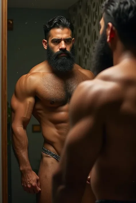 Strong Puerto Rican man with hairy body, very hairy, bearded man in front of the mirror naked naked from the belly down, nakeness, penis, very hairy groin, only bust showing.