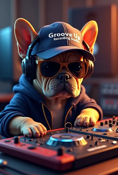 Bulldog francese con occhiali da sole con cuffie da studio che fa il beat maker con i pad vestito da rapper con la scritta “GROOVE UP Recording studio” sul cappello