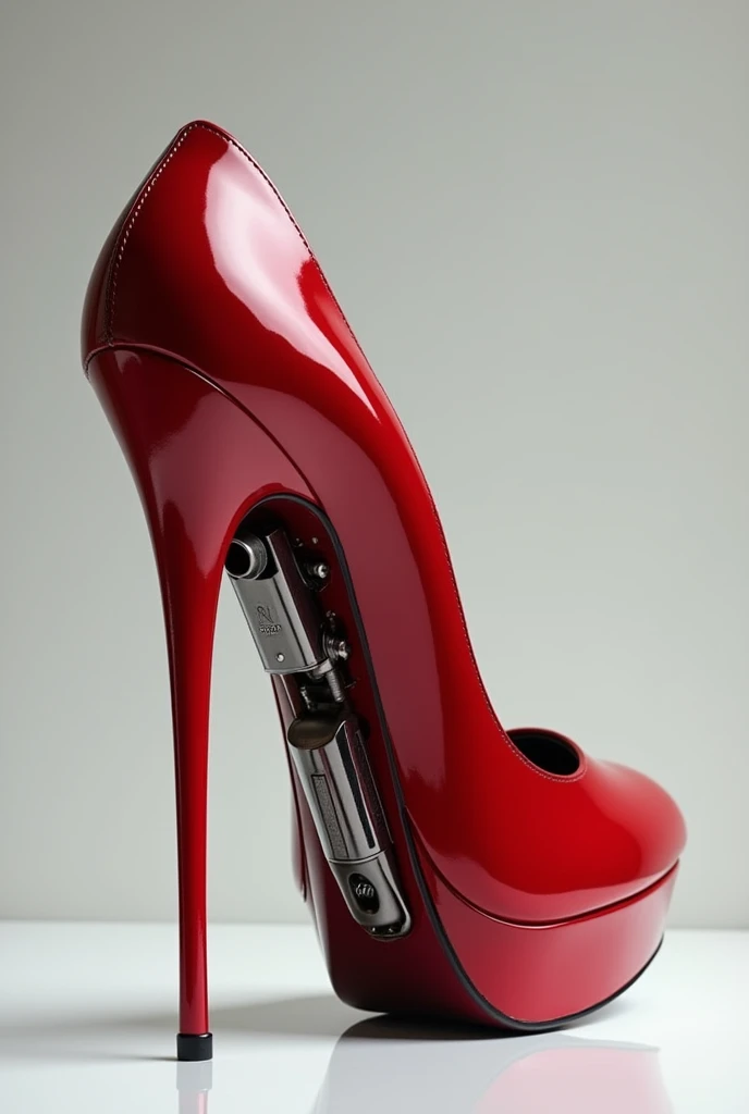 A shiny red heel with a gun in it