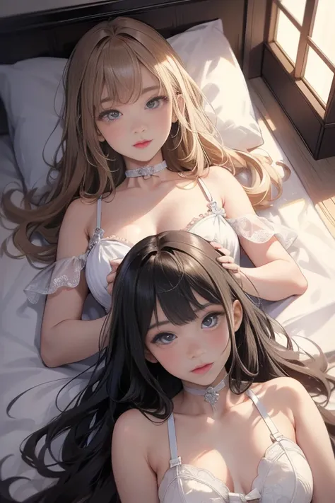  (8k, Highest quality, masterpiece:1.2),cute,cute女の子たち,Couple girls,2 people，Young face，ディープkissをする，mesugaki,Fantasy_world,kiss,On the futon，lie down，Lingerie that shows through the skin，Touching each other&#39;s breasts through lingerie，Beautiful thighs，G...