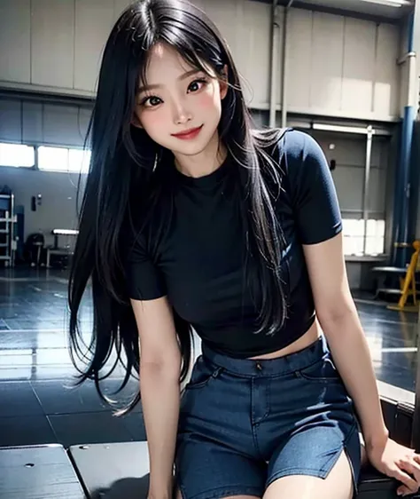 Masterpiece, high detailed, realistic, ultra realistic, ((hyper realistic)), woman with long hair, black hair color, ((blue t shirt / blue short pant)), smile, 16k,