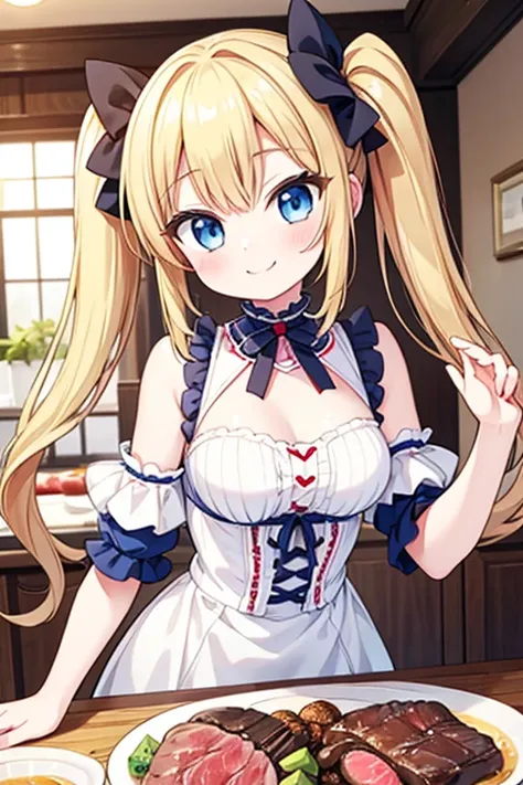 A happy smile,Large serving of beef steaks,large amount of steak,Highest quality,Blonde with blue eyes、Lolita、Small breasts、Twin tails、girl&#39;enjoy,smile,bonnet,