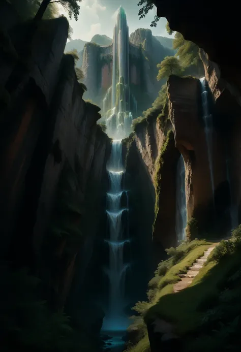 a cliff overlooking a waterfall, several arch-shaped stones at the top, matte painting 8k, matte paint 8K, vertical wallpaper 8K, vertical wallpaper 8K, vertical wallpaper 4K, vertical wallpaper 4K, lost series, realistic fantasy rendering, digital paintin...