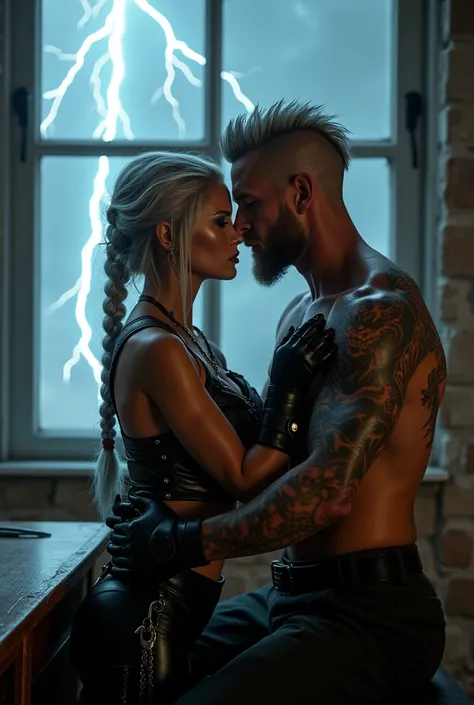 Create an image of a couple kissing at the desk, She has silver hair and an all-black fighting outfit with daggers on her body, he is strong and has a scar on his eye, tattoo of cuts all over his arm and a dragon tattoo covering his back, black clothes and...