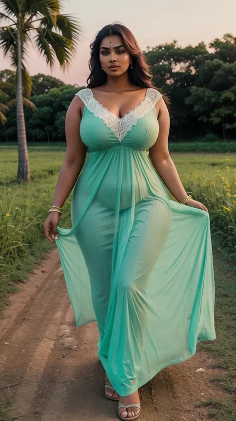 a South Indian woman in a transparent light green colour dress is walking in a field, alluring plus sized model, attractive feminine curves, jaw dropping beauty, giant stunning goddess shot, nightgown, sexy gown, jaw-dropping beauty, curvy, curvy model, mo...