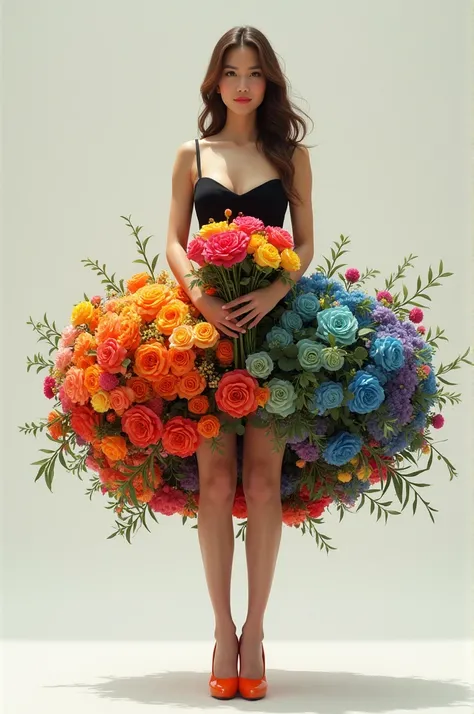 A woman in a black dress covered by a skirt made of colorful flowers wearing orange high heels holding a bouquet of rainbow roses 