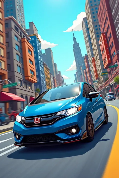 Make a picture of a 2018 Japanese version Honda Fit in dark blue with black lips and matching BSS rims. The car should be at speed., Touring the city and everything is drawn in an isometric drawing in the style of the Simpsons drawing