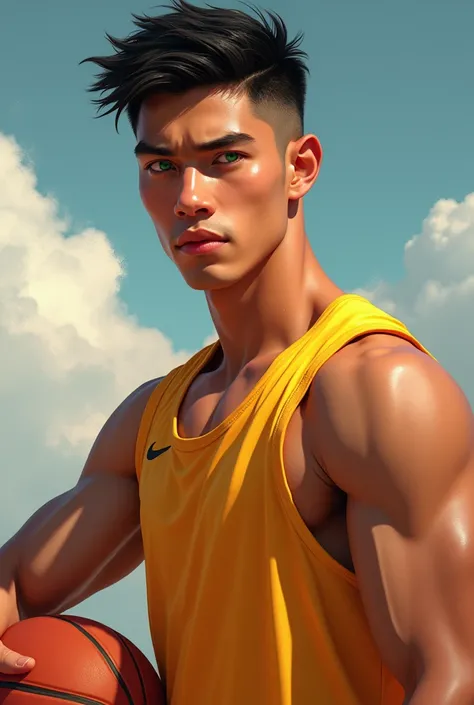 create an image of a filipino-american guy with green eyes and basketball body figure