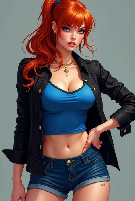 Redhead Woman with Big hips, blue shorts, black jacket and blue shirt with side fringe ponytail