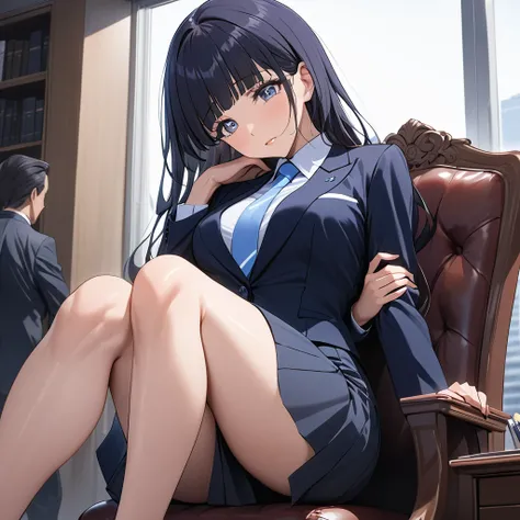 ((Highest quality)), ((masterpiece)), (detailed), （Perfect Face）、The woman is Reika Aoki with semi-long hair、The woman is a secretary to the president of a large company and is wearing a high-end suit and a high-end long tight skirt.、The woman is sitting o...