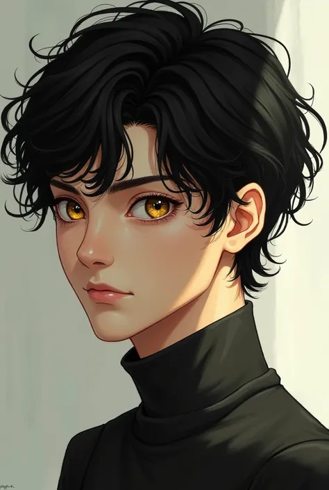 Young man with short curly dark hair and golden eyes 