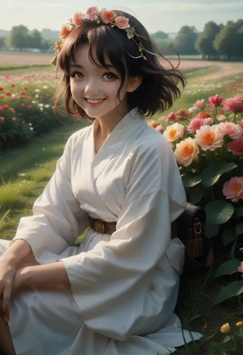 80s anime style anime girl sitting in a field of flowers looking at the camera, smiling. pastel shades