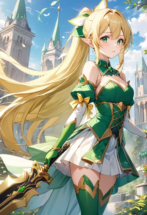 Highest quality、unity 8k wallpaper、32K、masterpiece、Very detailed、Ultra-high resolution、Very detailedな顔、RAW Photos、Professional、Ultra-fine painting、Magical Fairy Swordsman Leafa、Blonde long hair、White Hair Ribbon、Green Eyes、Green magical girl costume、Blonde...