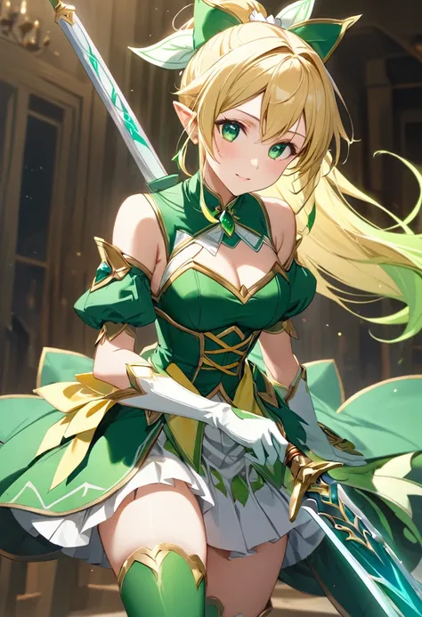 Highest quality、unity 8k wallpaper、32K、masterpiece、Very detailed、Ultra-high resolution、Very detailedな顔、RAW Photos、Professional、Ultra-fine painting、Magical Fairy Swordsman Leafa、Blonde long hair、White Hair Ribbon、Green Eyes、Green magical girl costume、Blonde...