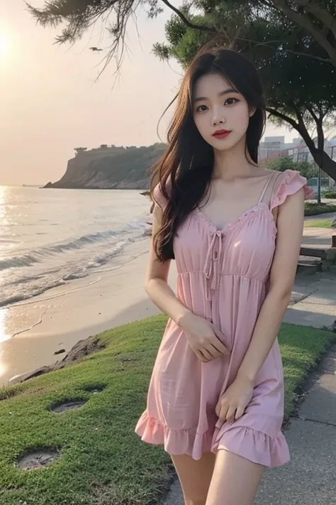 1 Girl,seaside,Soft Light,Chinese Beauty,Slip nightdress