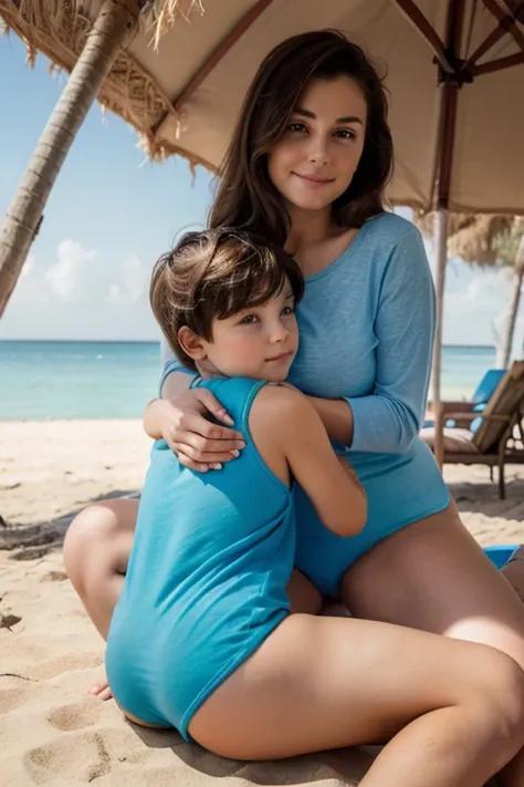 young boy sitting on his mother's lap in a cozy beach, blue appropriate underwear clothes. mommy and son, 1boy, thick thighs, ju...