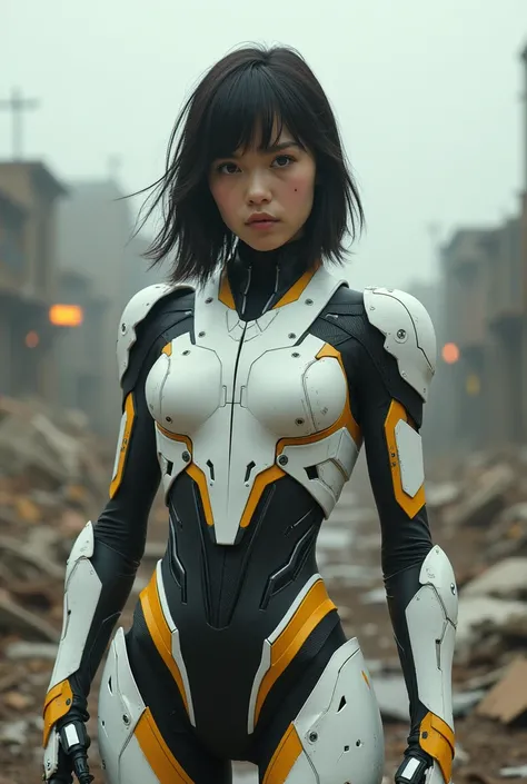 (best quality, masterpiece), a girl, medium hair, looking at viewer, postapocalypse background, white and yellow mechaarmor