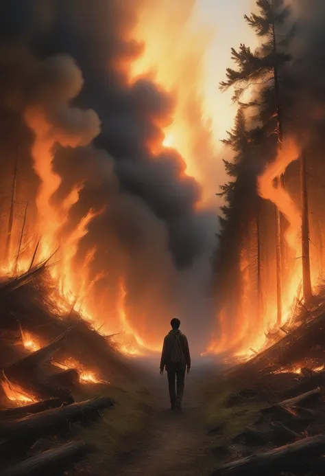 painting of a man walking through a forest with a fire in the background, the forest is on fire, forest fire, woods on fire, mak...