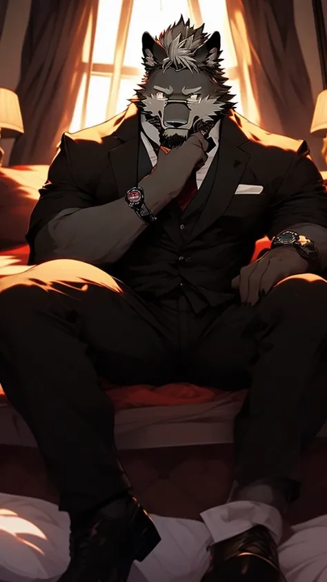 A Very Muscular Furry Gray Wolf. He is wearing A Black Pants And A Black Suit with a belt And A Red tie. He is sad with a sad Face on his face. His head is looking at you. He have A Gray messy hair. His left hand is holding A Flip Phone and his right hand ...