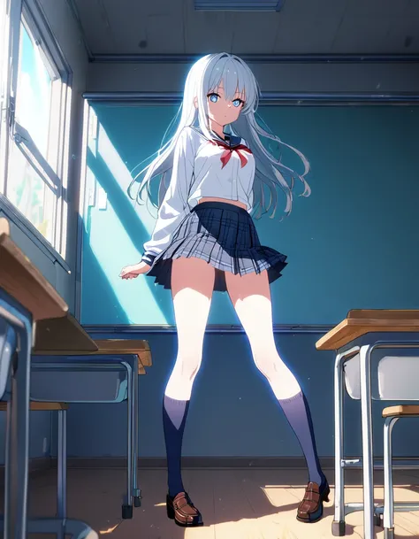 (8K:1.5),anime, high school girl,Full body, high school uniform, ribbon, plaid skirt, navy blue knee socks, beautiful legs, glowing skin, classroom