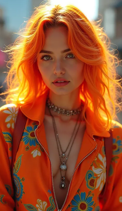 beautiful girl with bright hair, pop star style outfit