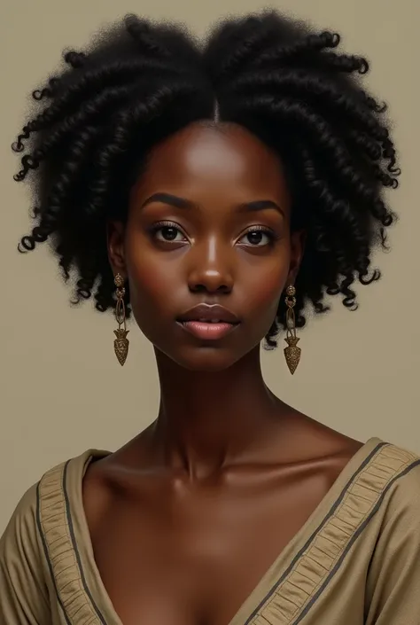 a black woman,curly hair, very simple, with African clothes, from the time of colonization, without accessories