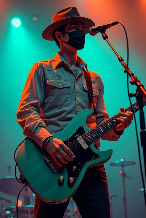 Anime man with vintage shirt and mask and fedora hat with hollow body guitar on stage with teal and orange neon