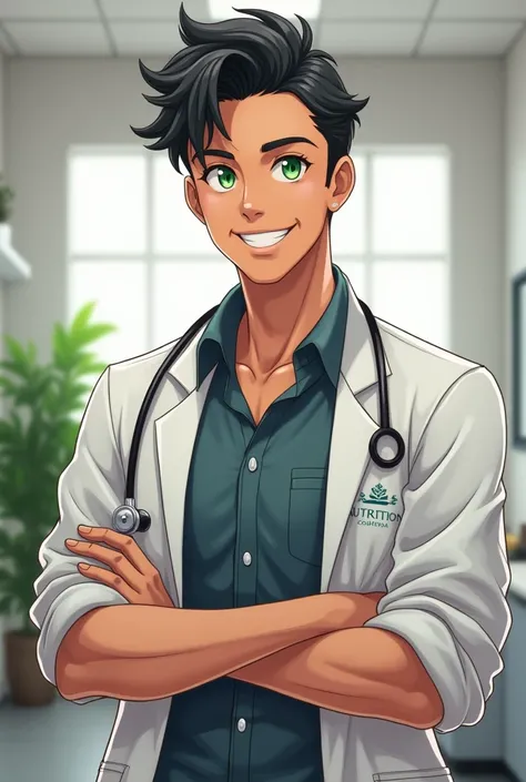 A male nutritionist in a nutritionist uniform ,Bblack hair ,3d anime character , 30 years old and Brazilian green eyes