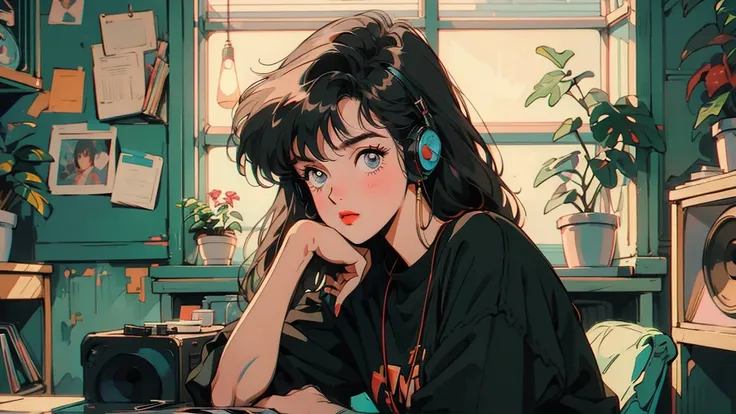 1 girl, 80s anime style, I have headphones on, coffee, Retro, Lo-Fi,A stylish room filled with records, Wearing a short-sleeved T-shirt、