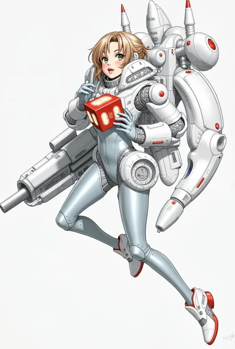 a drawing of an anime girl in a futuristic space suit holding a box, traditional anime art, traditional style, epic pencil illustration,  hyper detailed manga drawing,