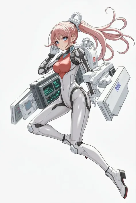 a drawing of an anime girl in a futuristic space suit holding a box, traditional anime art, traditional style, epic pencil illustration,  hyper detailed manga drawing,