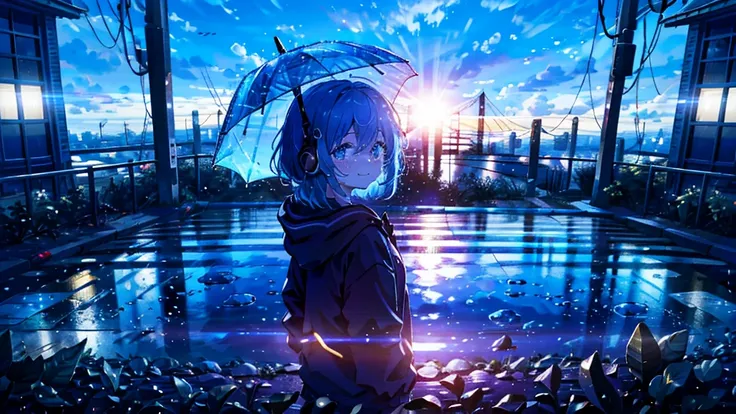 Absurd, High resolution,
Looking back at me, Rainy night city,Urban sidewalks、 Holding a red umbrella、signal machine、relax time, Fantastical light particles, Lens flare,Smiling and crying、Blue Hair、（Red headphones:1.4）、（White hoodie:1.2)、Top view、（Looking ...