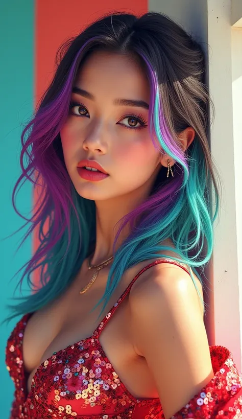 beautiful girl with colored hair, pop star style outfit