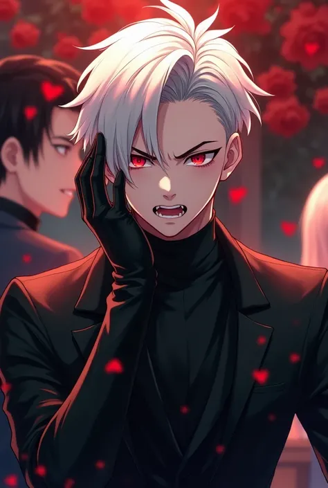 White hair、Red eyes、Black clothes、Black gloves、Cute two-block haircut、youth、male、View from the front、Highest quality、Being interrupted on a date with a girl、The man gets angry