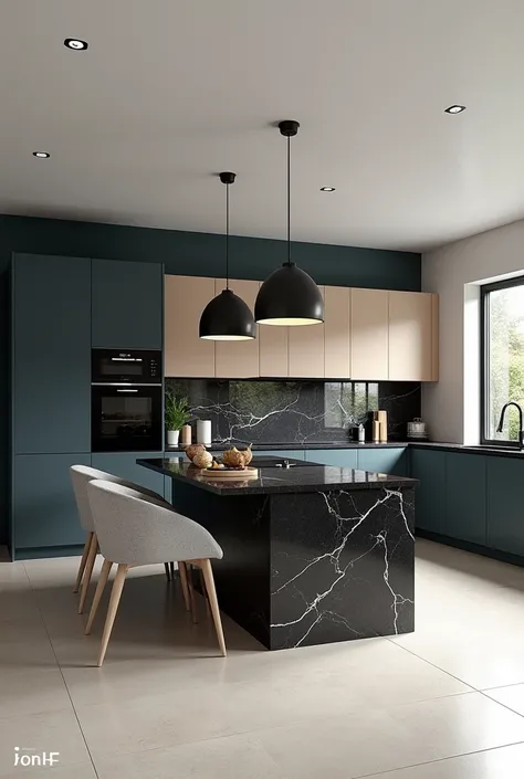 Professional 3d architecture rendering design of modern kitchen with   So dark blue vintage and dark beige  and dark gray  cabinets and  modern  so light  gray design chairs  shiny  black   marble island island and modern windows and complete showing kitch...