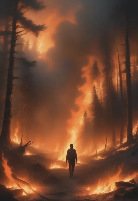 painting of a man walking through a forest with a fire in the background, the forest is on fire, forest fire, woods on fire, mak...