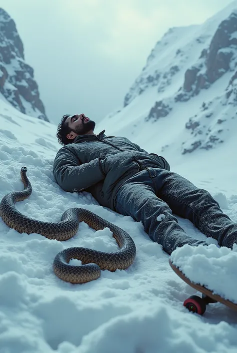 a 30 years Indian man is felt down in the snow hills of mountain, his face is covered with snow, snake is beside to him, skateboard is damaged