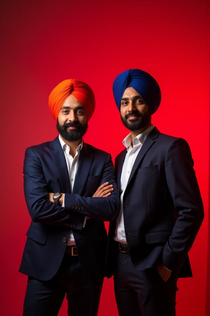 2 Punjabi boy wearing turban with formals posing for Linkedin red light in background