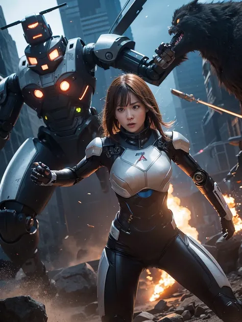 A woman in a robot suit fighting monsters