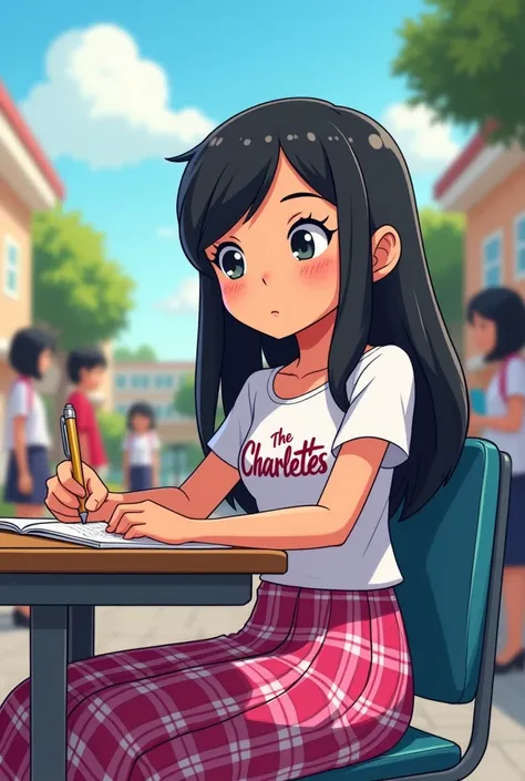 a cartoon showing filipino pupil a girl with black hair wearing a tshirt with brand "The Charlettes" in front and wearing a long skirt pink and white plaid uniform , she is writing for campus journalism