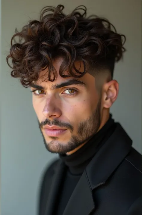 Curly hair man low fade haircut long hair covers the ear brown eyes brown 