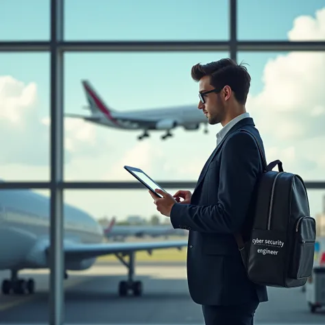 An adult student is in airport black  blazzere complet watching plane flying
In his school bag its written Cyber security engineer 
Beautiful view 
