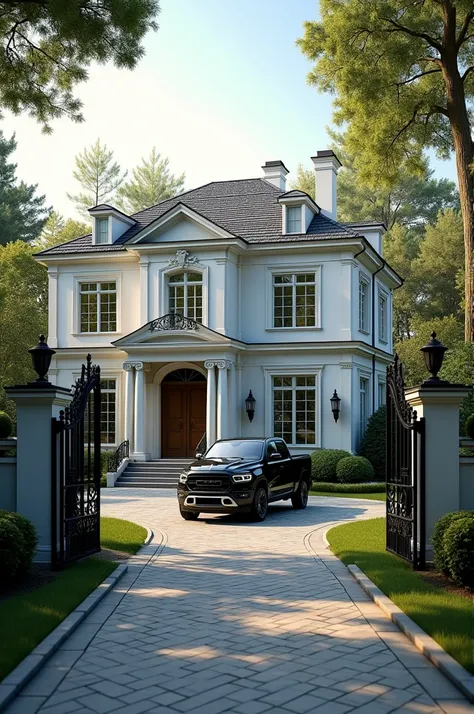 Create an image of a two-story house with a gate with a black pickup truck